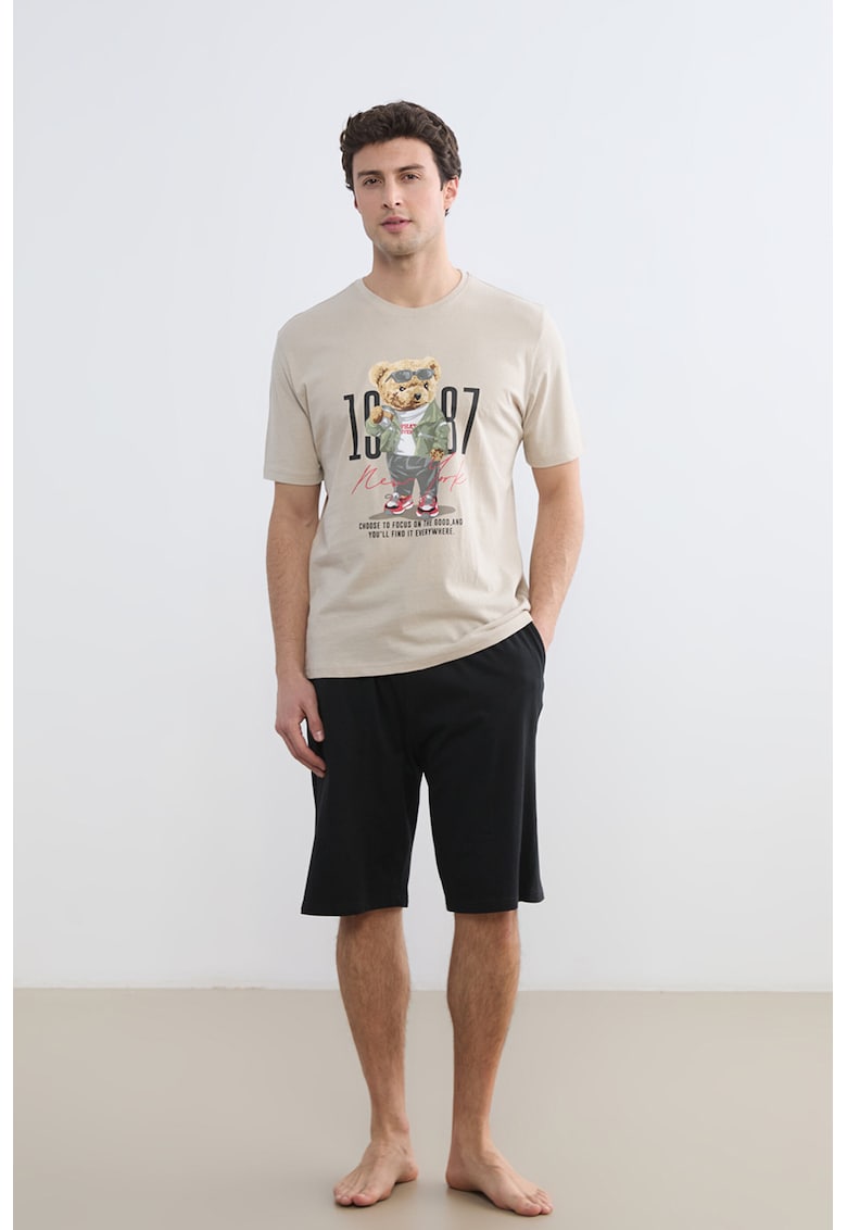 Pijama din bumbac cu imprimeu - Negru/Bej nisip