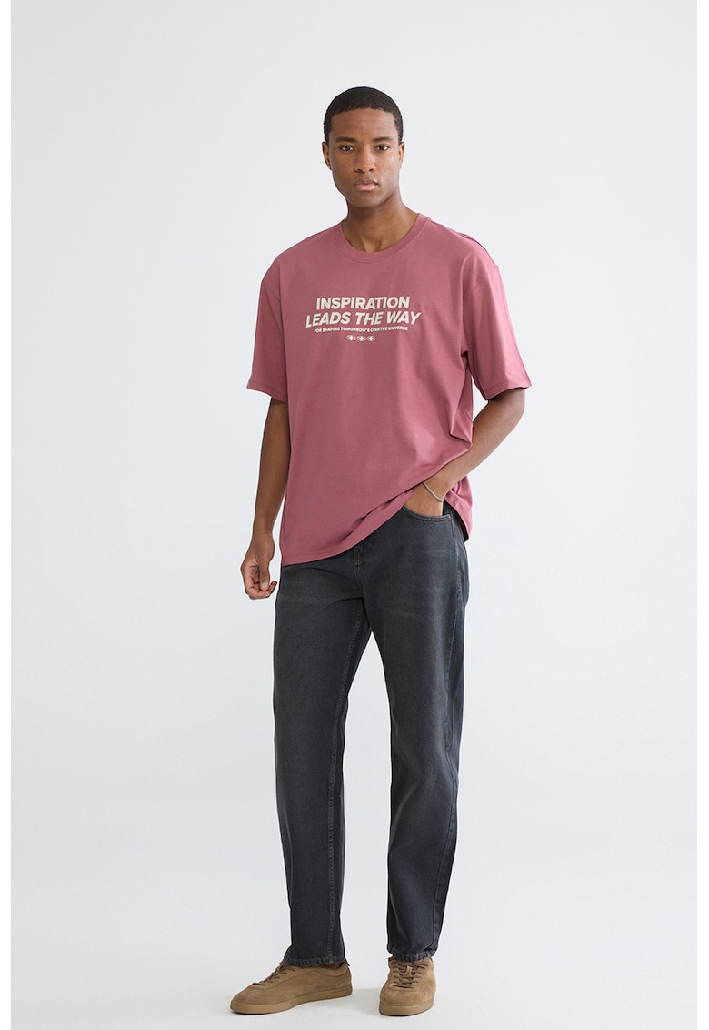 Tricou lejer de bumbac cu imprimeu text - Roz zmeuriu/Alb murdar