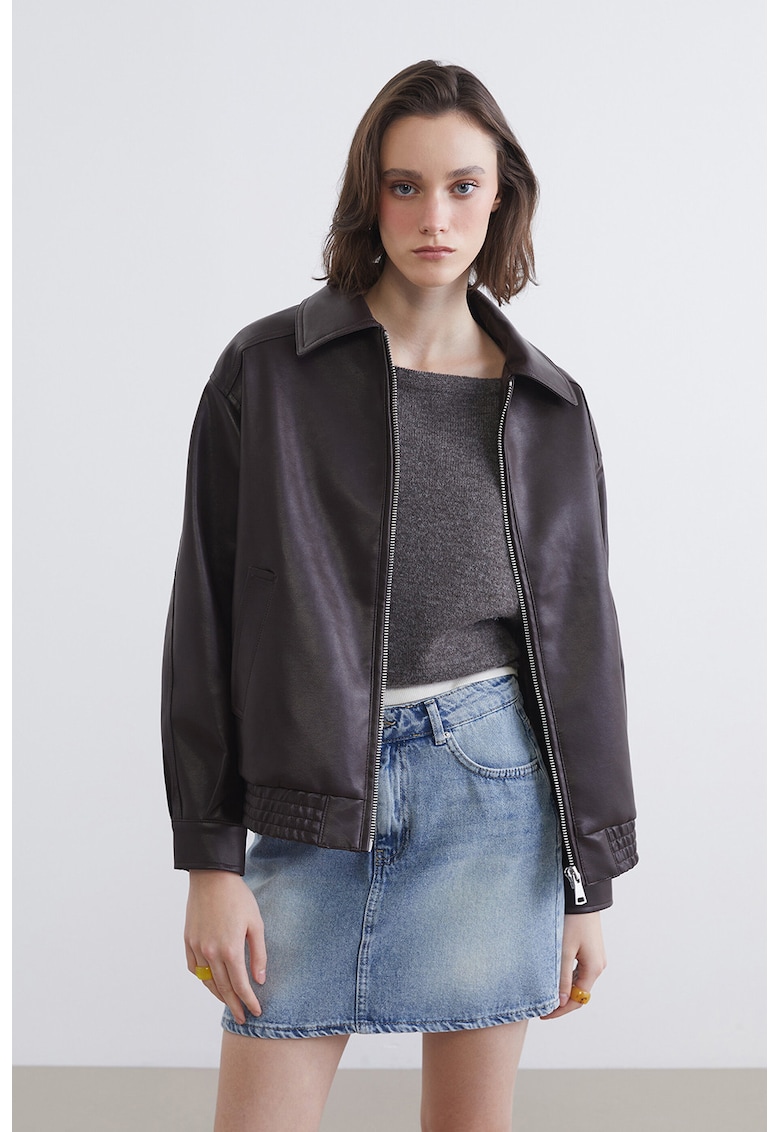 Jacheta supradimensionata din piele ecologica cu fermoar - Negru