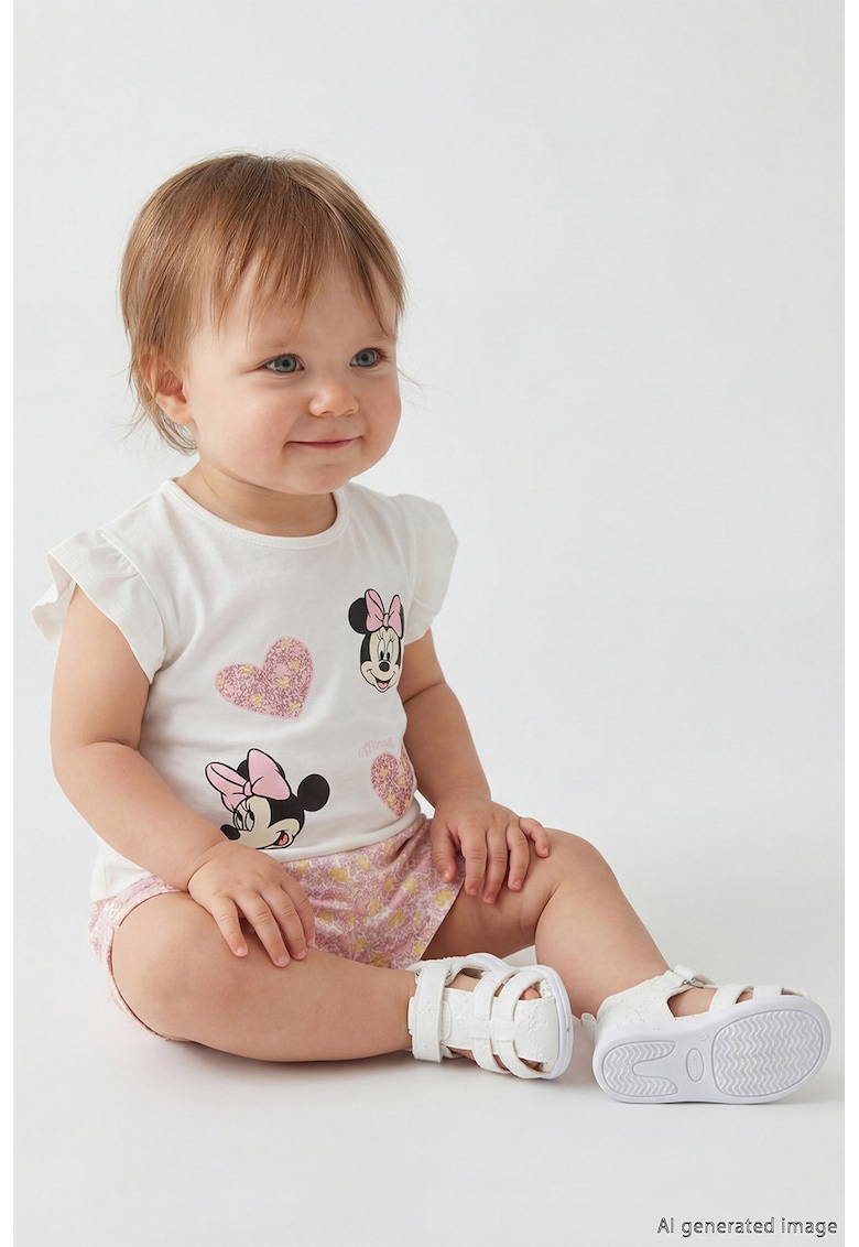 Set de tricou cu imprimeu Minnie Mouse si pantaloni scurti cu model floral - 2 piese - Alb/Roz