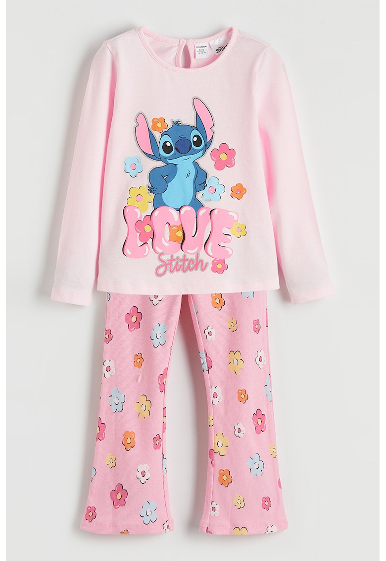 Set de bluza cu imprimeu Stitch si pantaloni evazati cu model floral - 2 piese - Roz