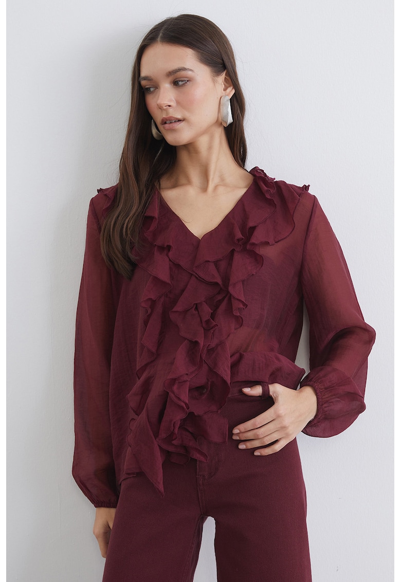 Bluza din sifon cu volane - Rosu inchis