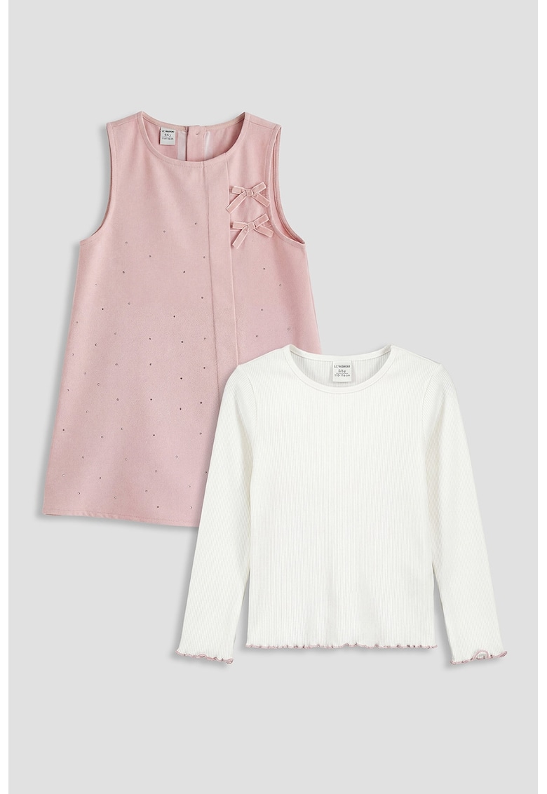 Set de bluza cu model uni si rochie decorata cu strasuri - Alb/Roz prafuit