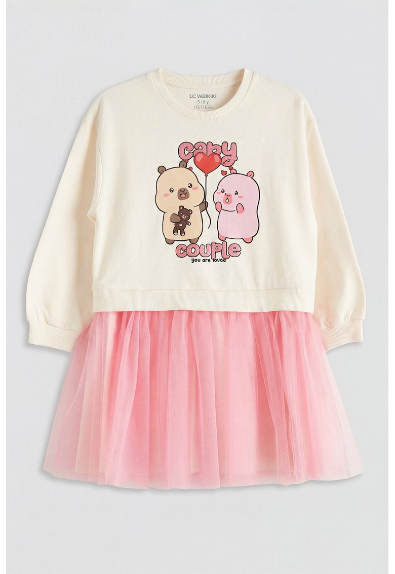Rochie cu fusta din tul si imprimeu capybara - Maro/Roz/Crem