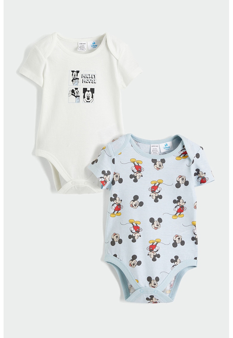 Set de body-uri cu imprimeu cu Mickey Mouse - 2 piese - Alb/Negru/Albastru glaciar