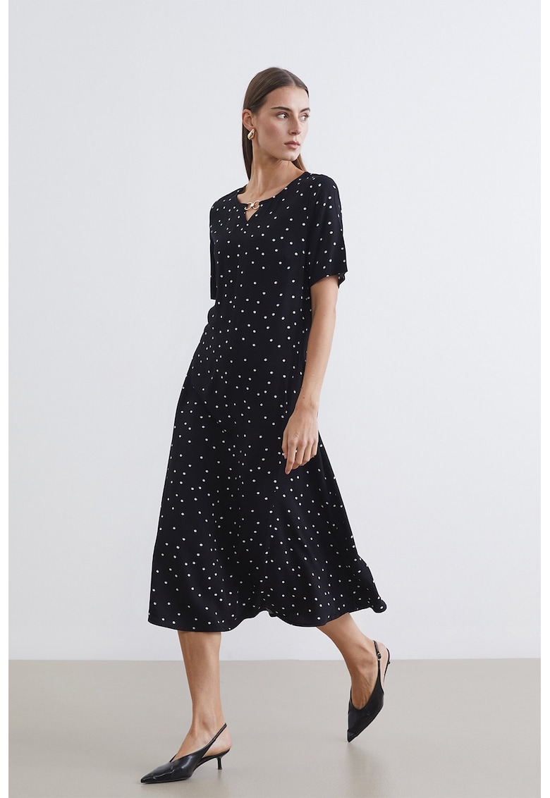 Rochie cu decolteu in V si buline - Alb/Negru