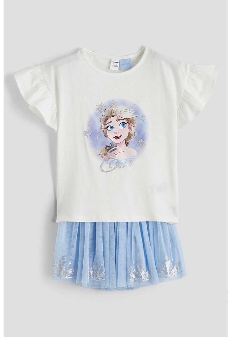 Set de tricou si fusta cu imprimeu desene animate - 2 piese - Alb/Albastru