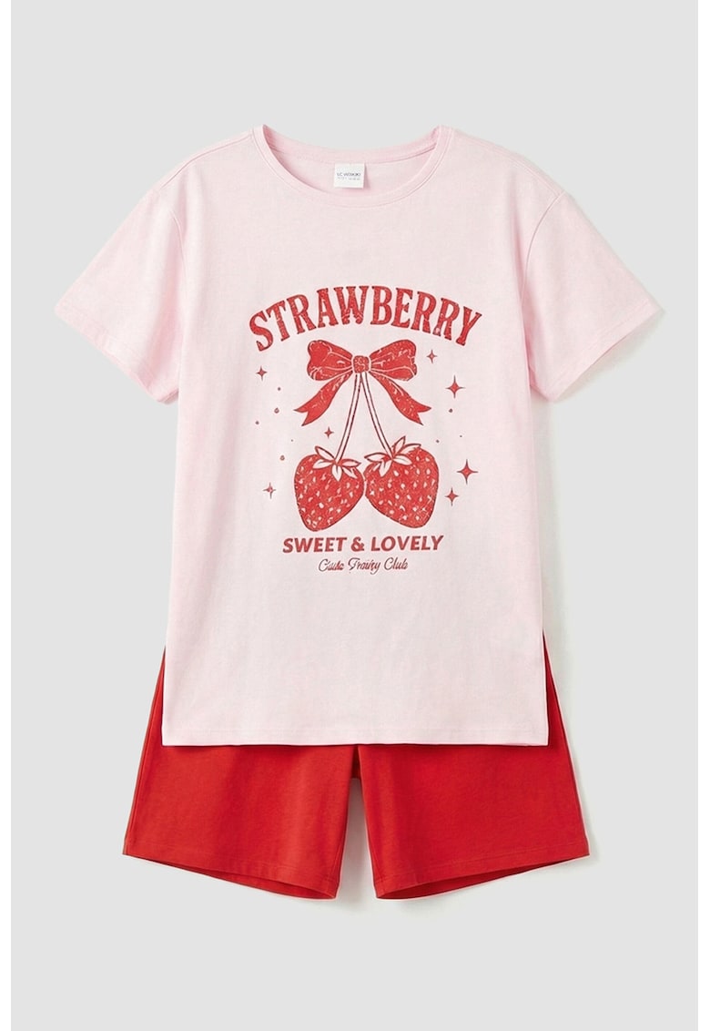 Pijama scurta de bumbac - Rosu/Roz pastel