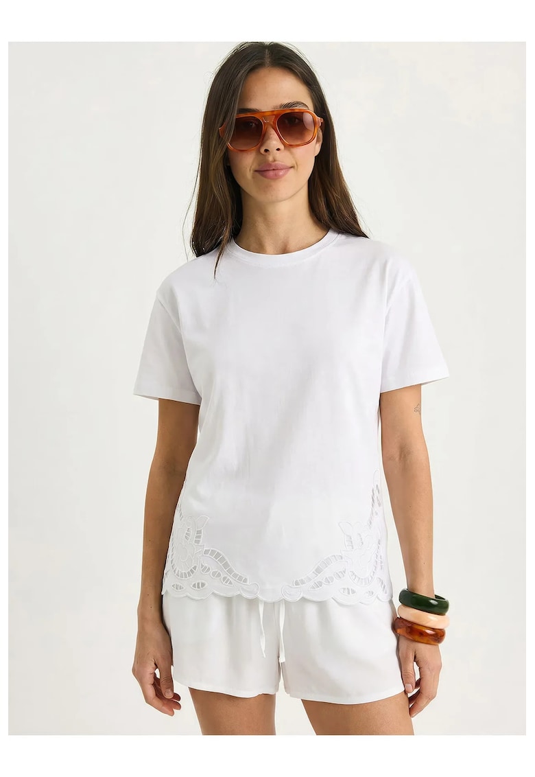 Tricou dama - guler rotund - broderie - alb - bumbac