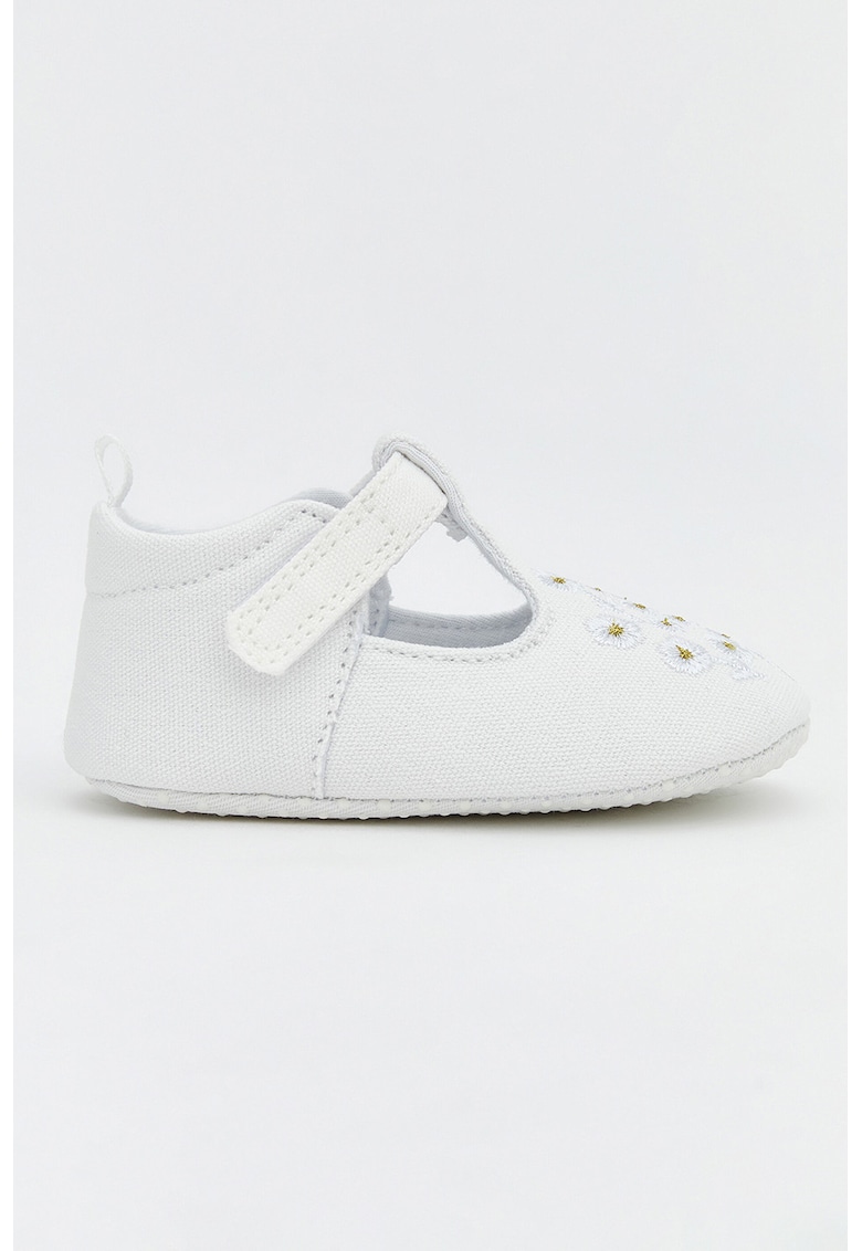 Pantofi crib din material textil cu broderii florale - Alb