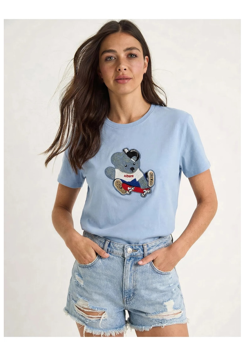 Tricou dama - guler rotund - broderie - multicolor - bumbac