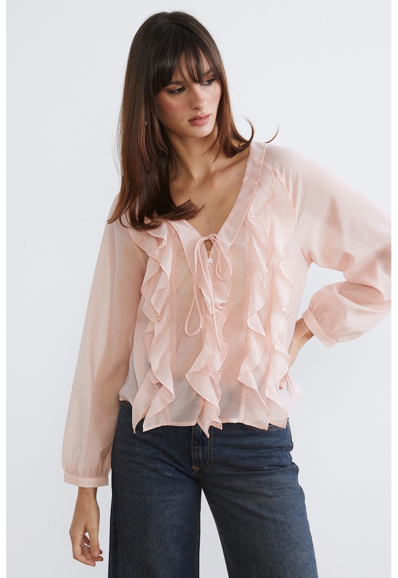 Bluza cu decolteu in V si garnituri cu volane - Roz pal