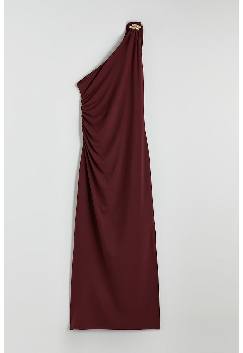 Rochie midi cu decolteu pe un umar si element metalic - Visiniu