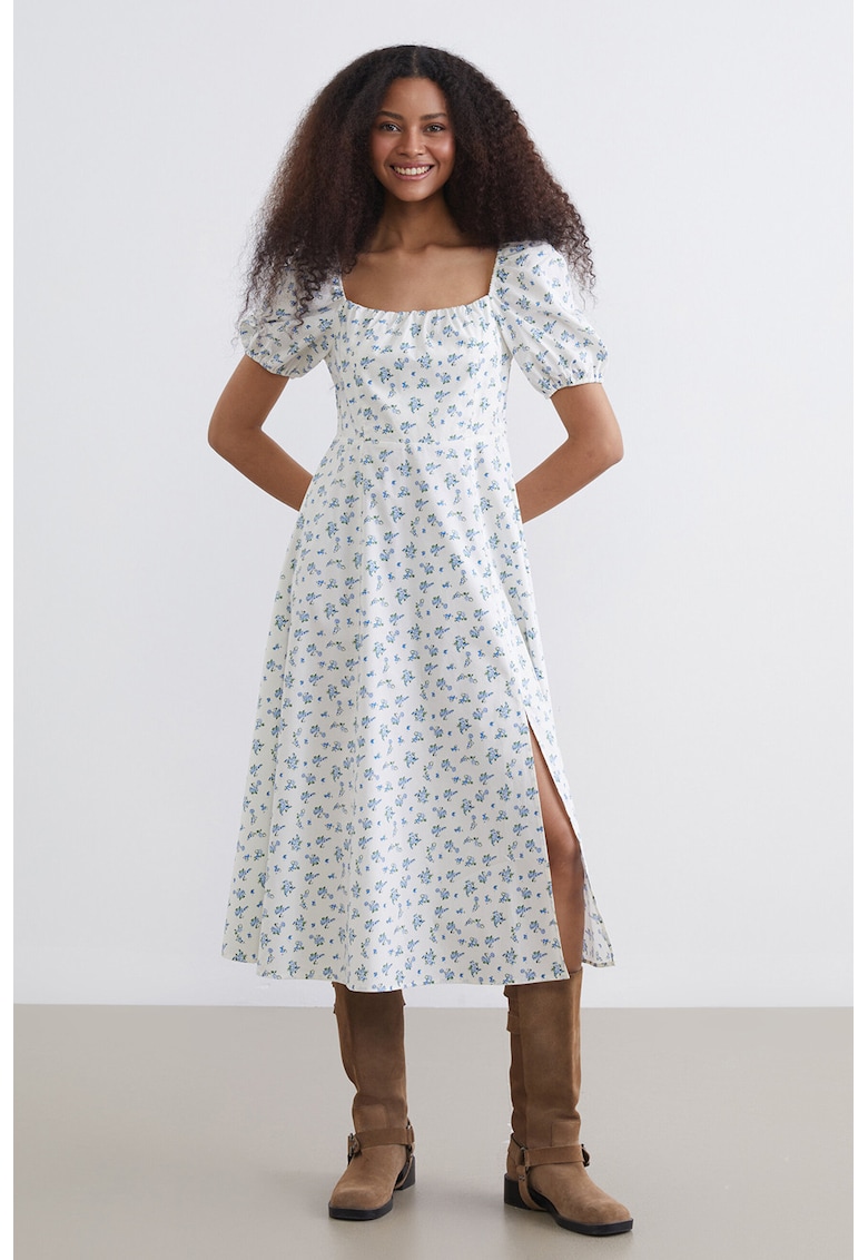 Rochie midi cu maneci bufante si model - Alb/Albastru deschis