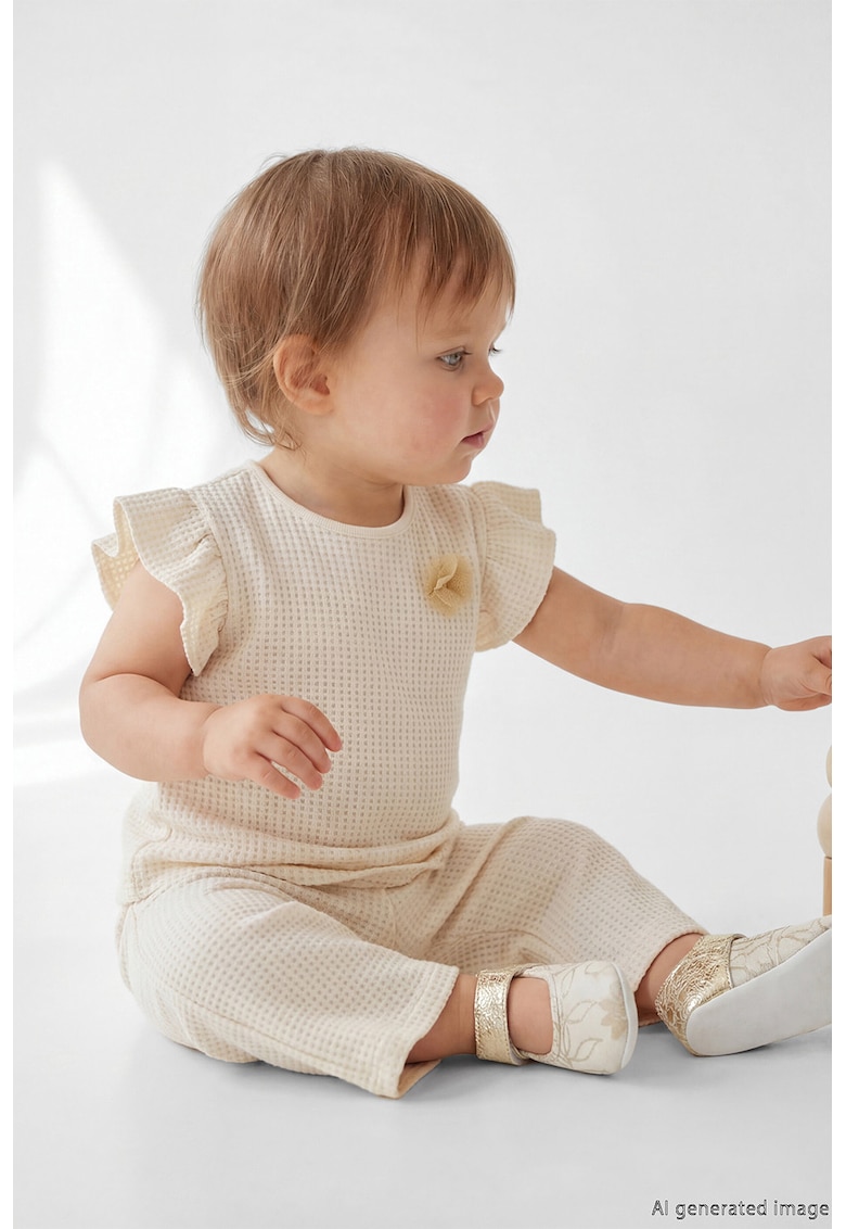 Set de tricou si pantaloni drepti cu aspect texturat - Bej deschis