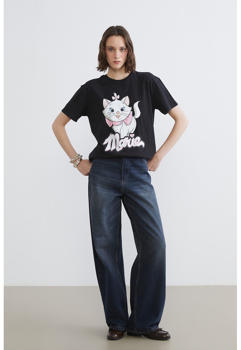 Tricou de bumbac cu imprimeu Marie - Negru/Alb optic