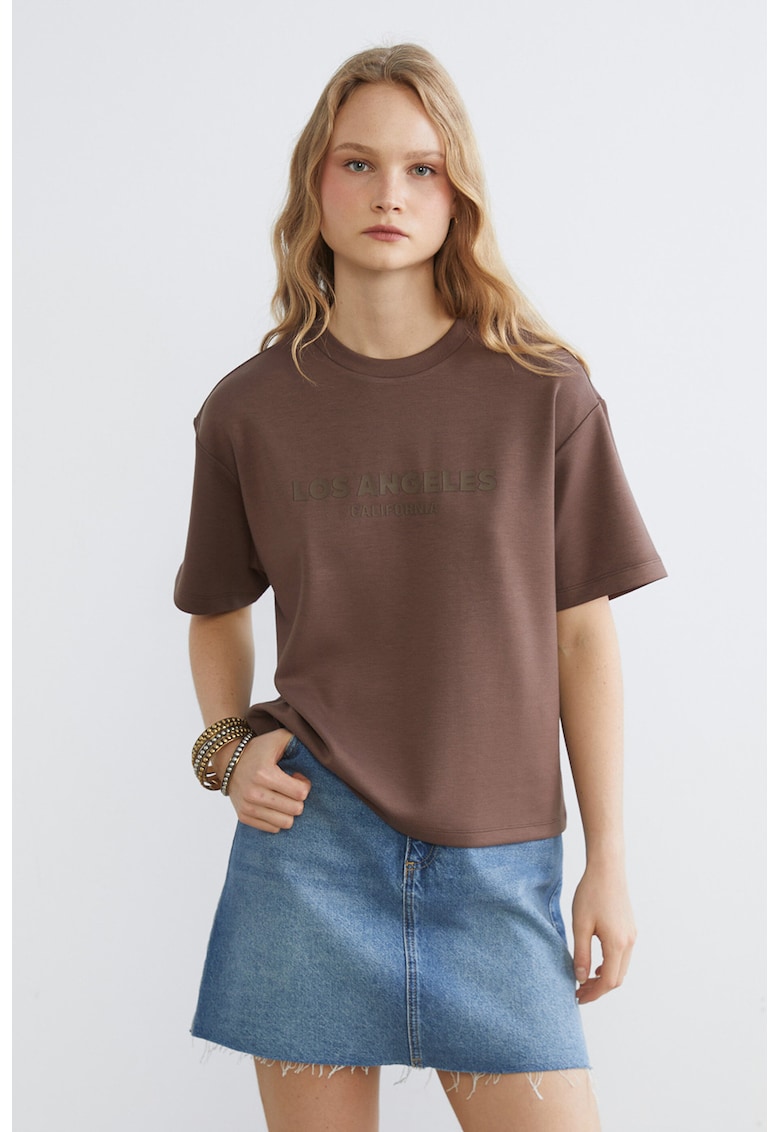 Tricou lejer cu imprimeu text - Maro pamantiu