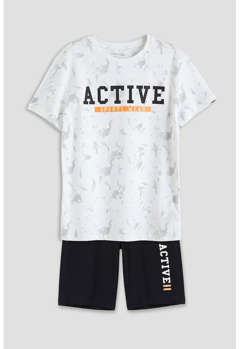 Pijama din bumbac cu imprimeu text - Alb/Negru