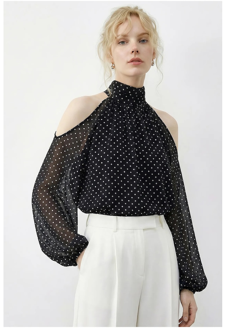 Bluza dama - model cu buline - guler inalt - negru - poliester