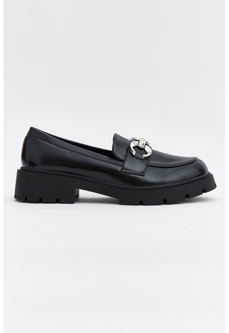 Pantofi loafer de piele ecologica cu detaliu de lant - Negru