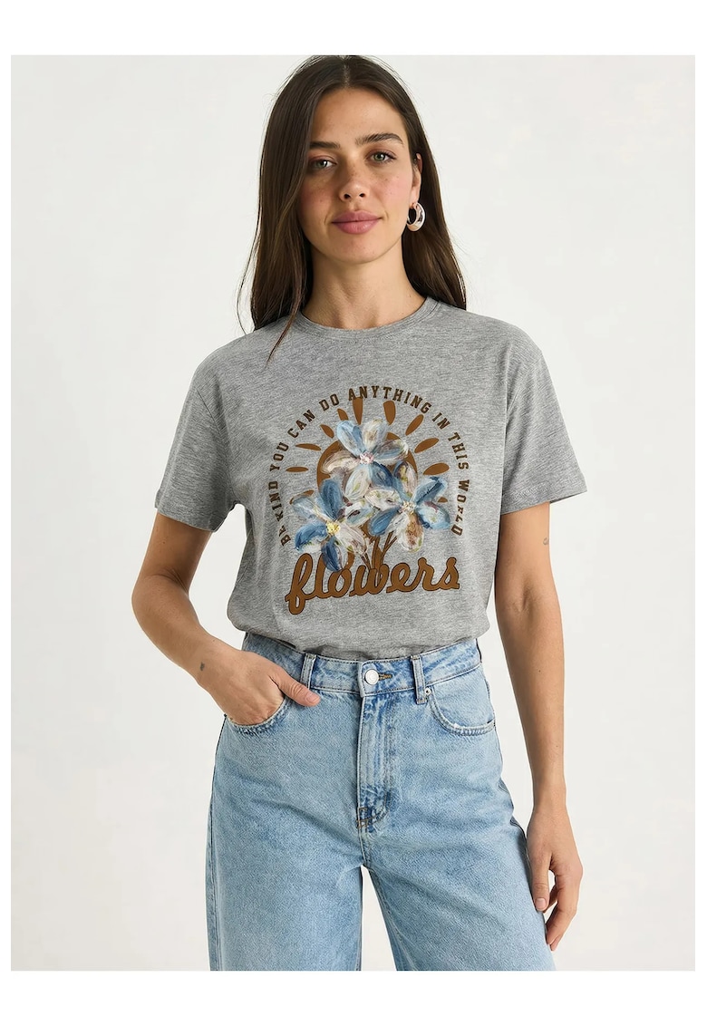 Tricou dama - tricotat - cu guler rotund - imprimeu floral - multicolor - bumbac