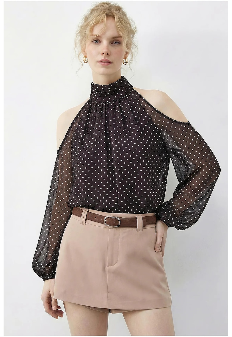 Bluza dama - guler inalt - decupaje - maro - poliester