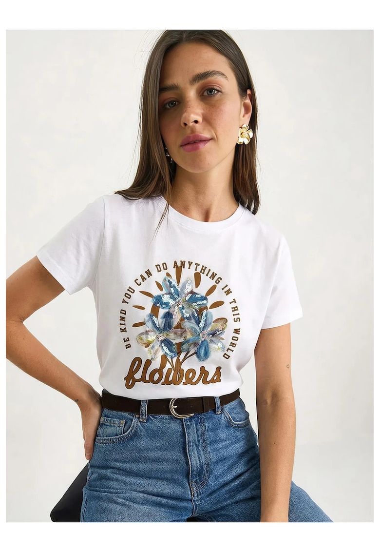 Tricou dama cu guler rotund - imprimeu floral - multicolor - bumbac