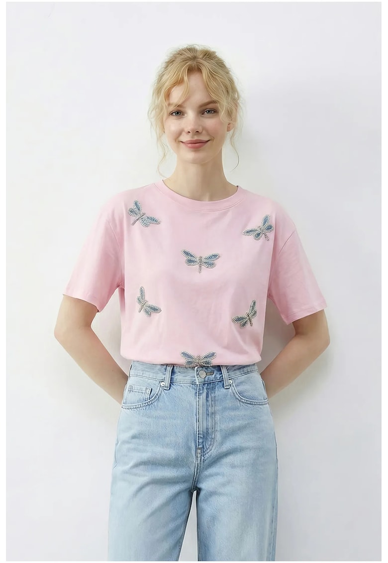 Tricou dama brodat - croiala lejera - roz/albastru - bumbac-elastan