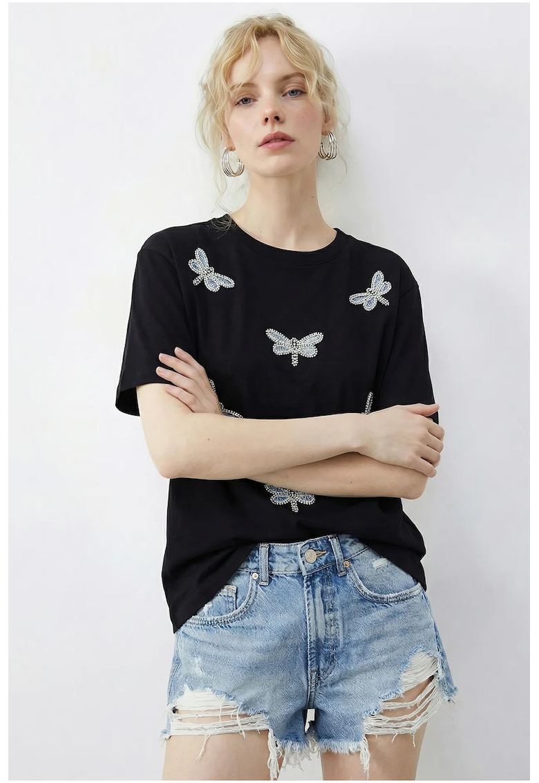 Tricou dama brodat - croiala lejera - negru/albastru - bumbac-elastan