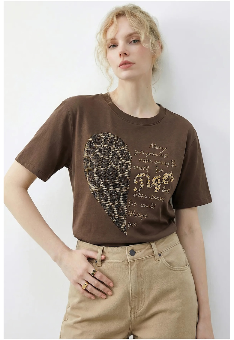 Tricou dama - decolteu rotund - maro - bumbac-elastan