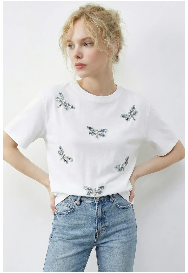 Tricou dama brodat - croiala lejera - alb/albastru - bumbac/elastan