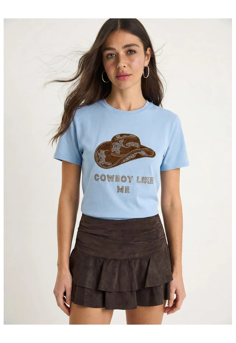 Tricou dama - bumbac - brodat - albastru deschis/maro - bumbac