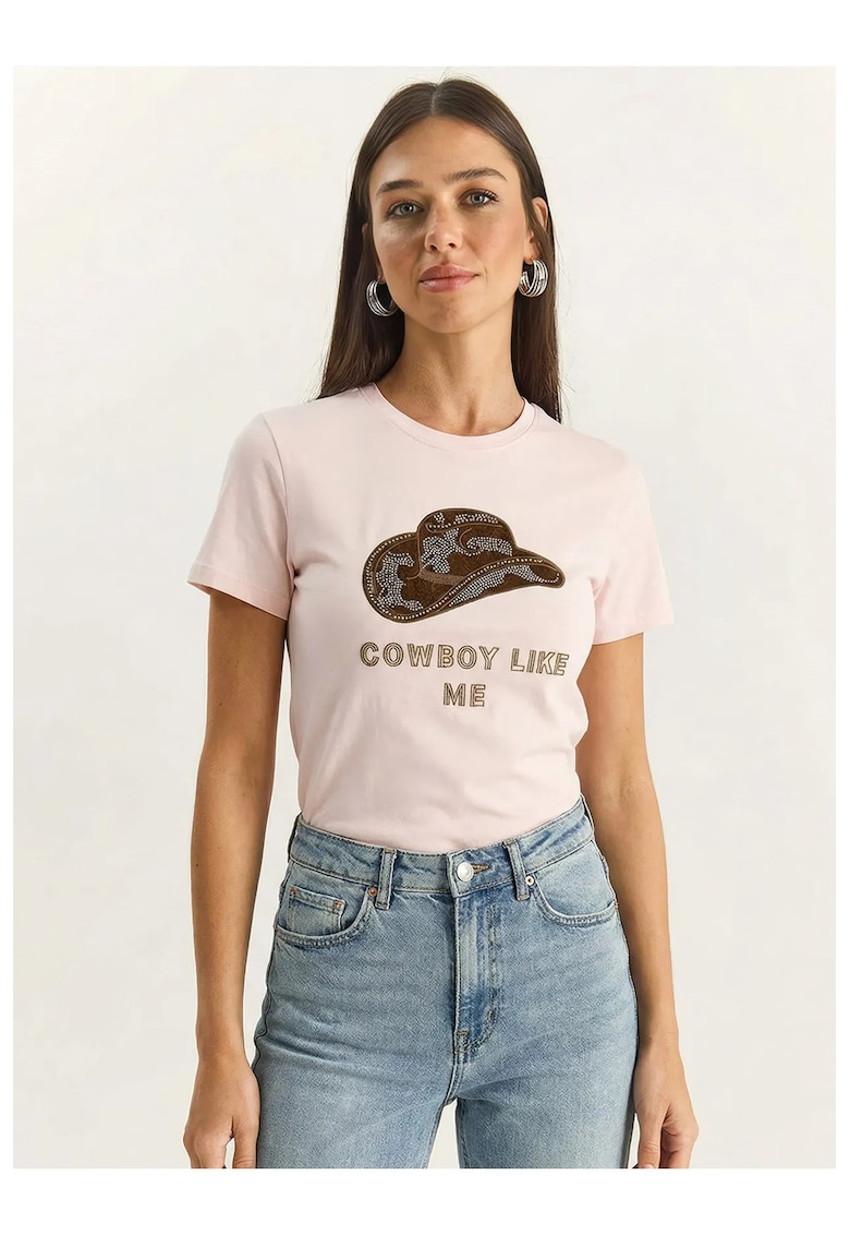 Tricou dama - guler rotund brodat - multicolor - bumbacdwqf - Roz pal