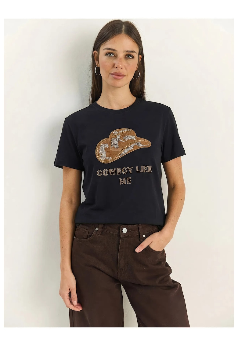 Tricou dama - guler rotund brodat - multicolor - bumbacdwqf - Negru