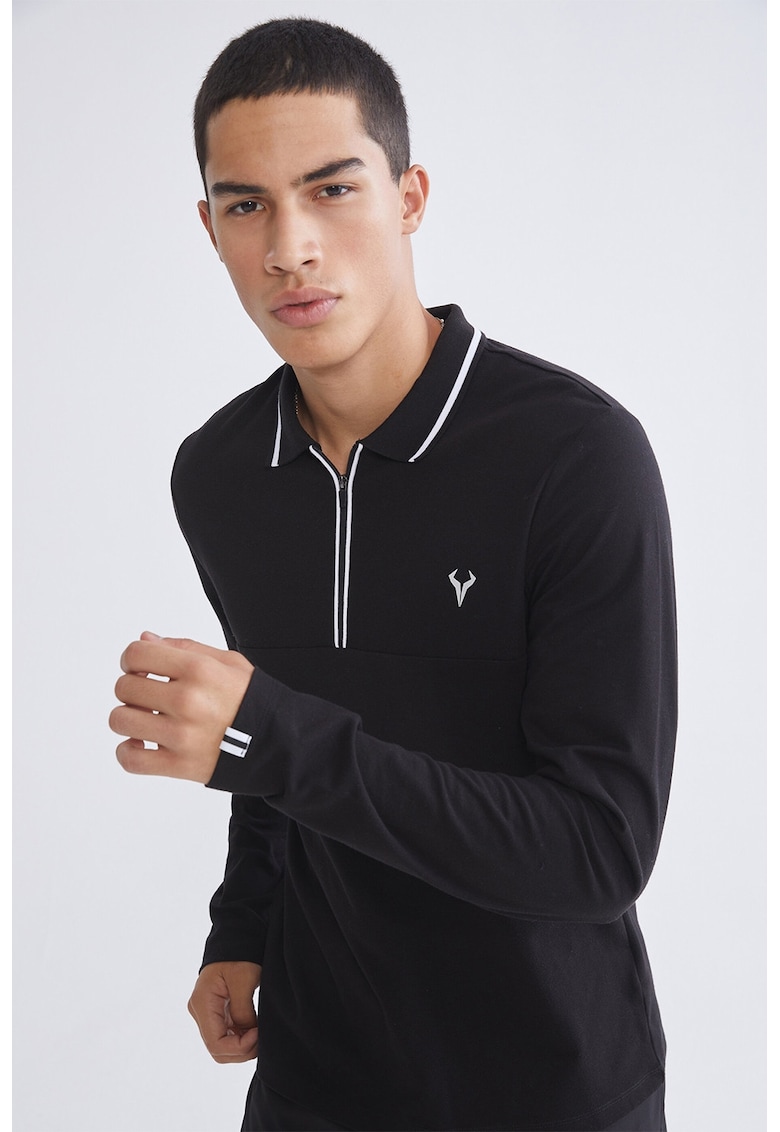 Bluza din amestec de bumbac cu guler polo - Alb/Negru