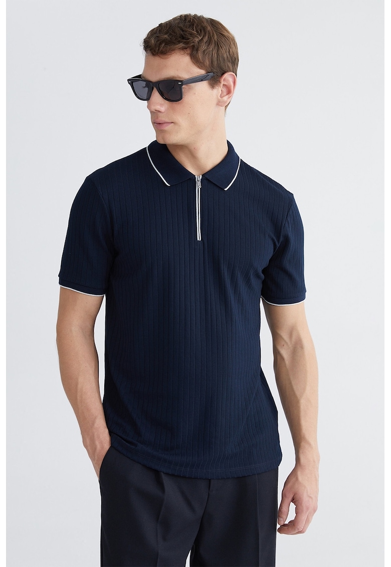 Tricou polo cu fenta cu fermoar - Alb/Albastru ultramarin