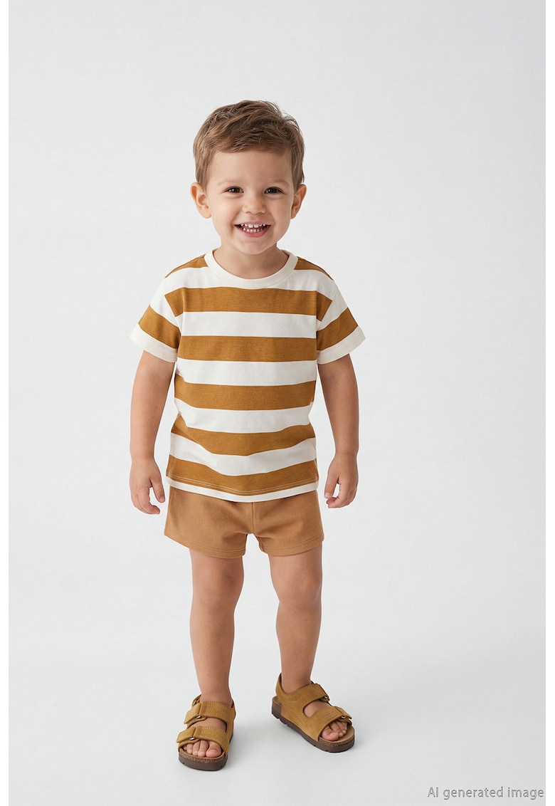 Set de tricou din bumbac si pantaloni scurti - Alb/Maro deschis
