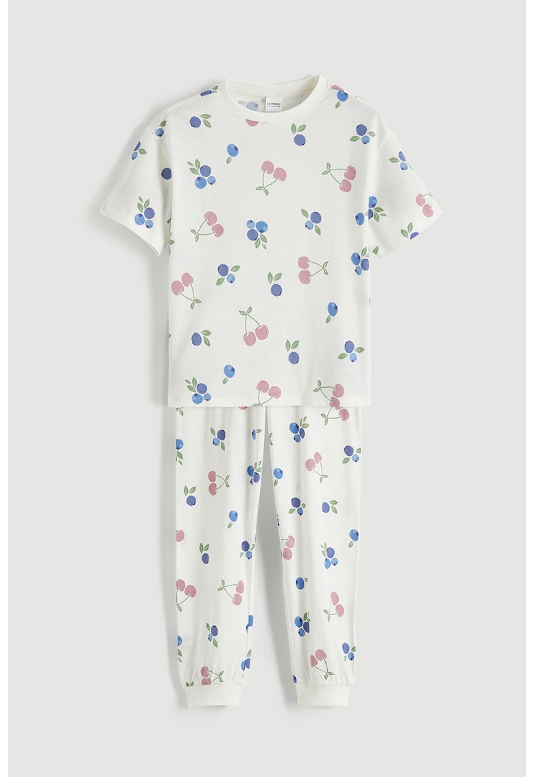 Pijama din bumbac cu imprimeu cu fructe - Alb/Albastru inchis/Roz prafuit