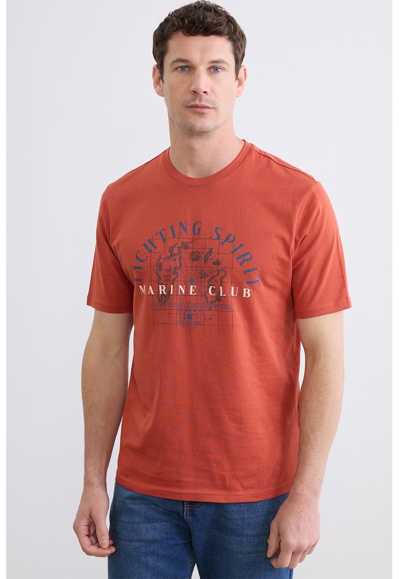 Tricou de bumbac cu decolteu la baza gatului - Albastru inchis/Caramiziu