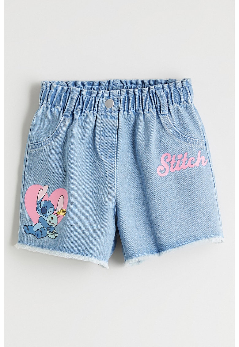 Pantaloni scurti din denim cu imprimeu Stitch - Albastru deschis