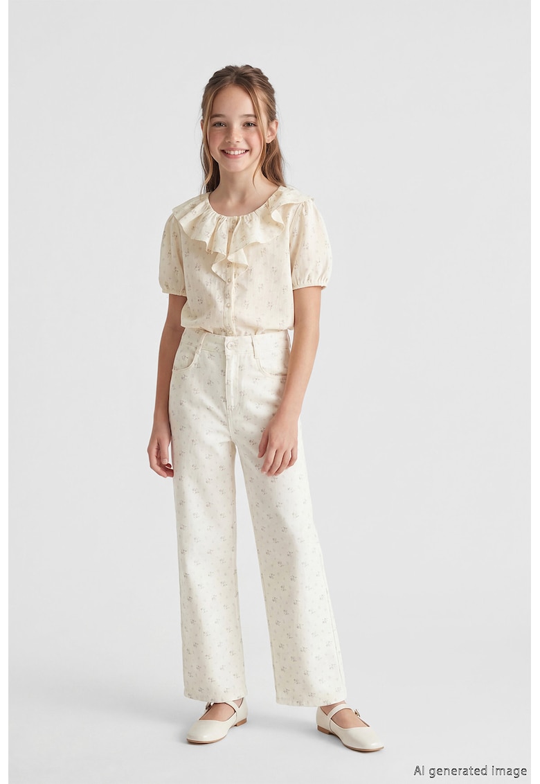 Pantaloni drepti cu model floral - Alb fildes/Liliac prafuit