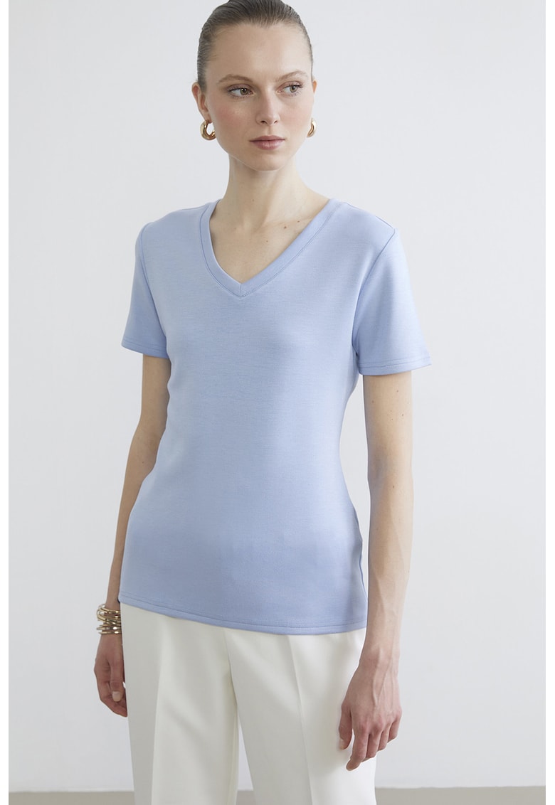 Tricou uni cu decolteu in V - Albastru lavanda