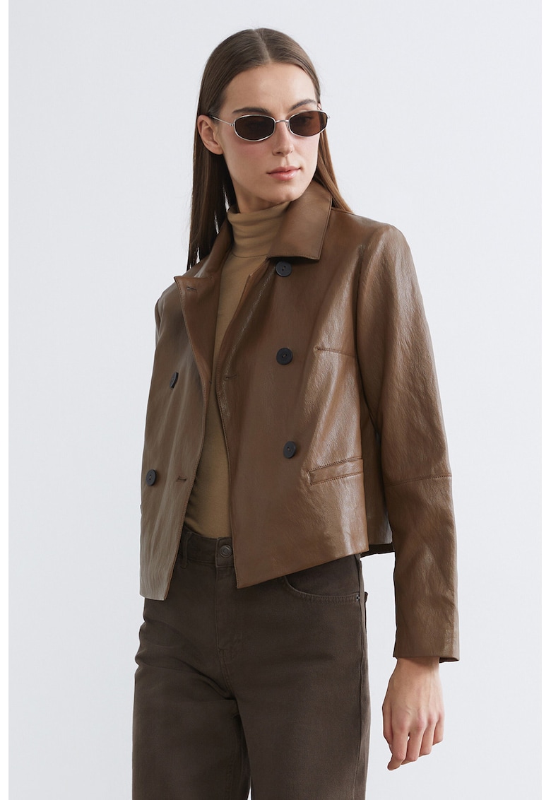 Jacheta biker din piele ecologica cu buzunare - Caramel