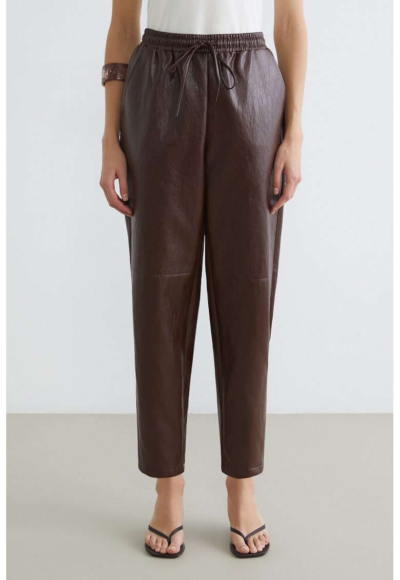 Pantaloni din piele ecologica cu talie ajustabila - Maro pamantiu