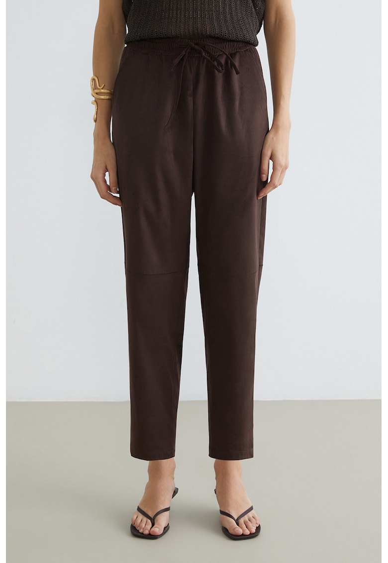 Pantaloni din piele intoarsa sintetica cu talie ajustabila - Maro pamantiu