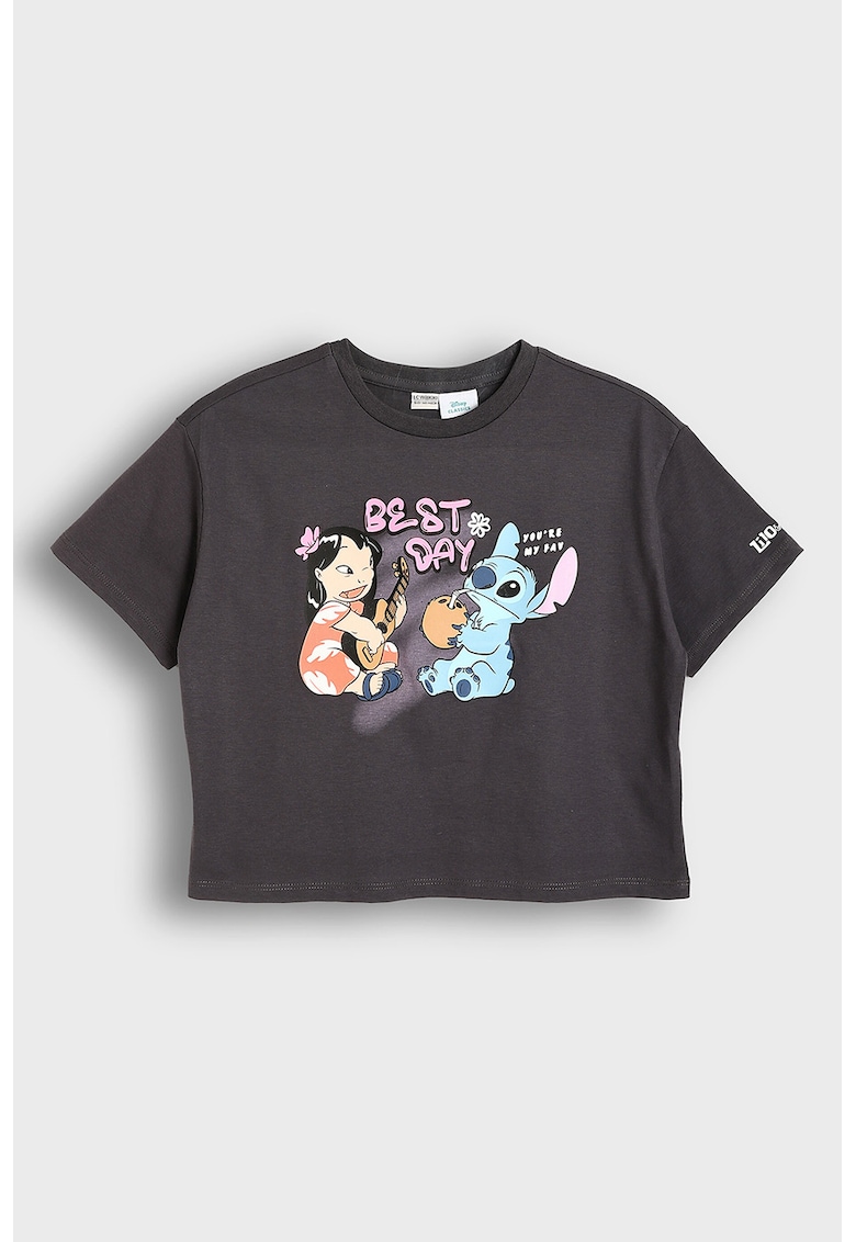 Tricou lejer cu imprimeu cu Stitch si Angel - Gri carbune