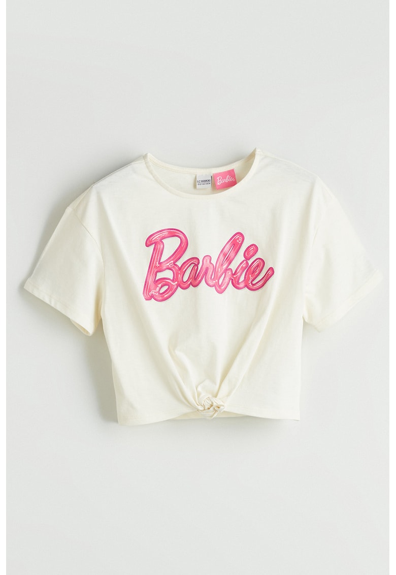 Tricou crop cu logo Barbie - Alb fildes/Fucsia