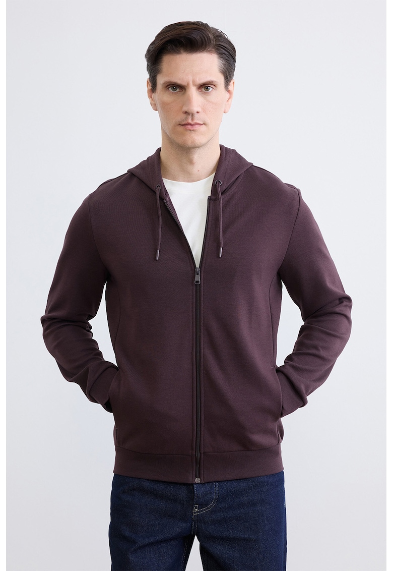 Hanorac uni regular fit cu fermoar - Maro cognac