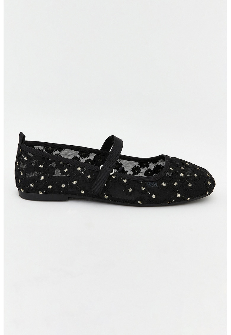 Balerini Mary Jane cu broderie florala - Negru