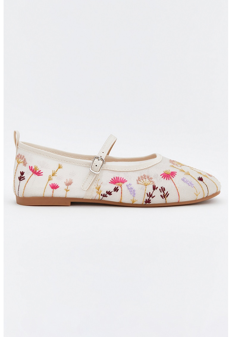 Balerini Mary Jane cu varf patrat si broderie florala - Visiniu/Alb fildes/Fucsia